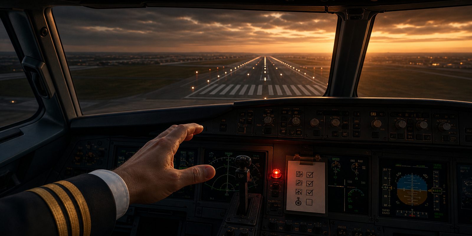 A pilot in uniform reaches for the controls at sunset on final approach, runway lights ahead and the cockpit checklist