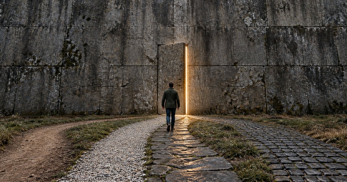 Stop Friction — a man walking through a single lit doorway in a vast stone wall: the move from standing outside a business to getting grounded inside it.