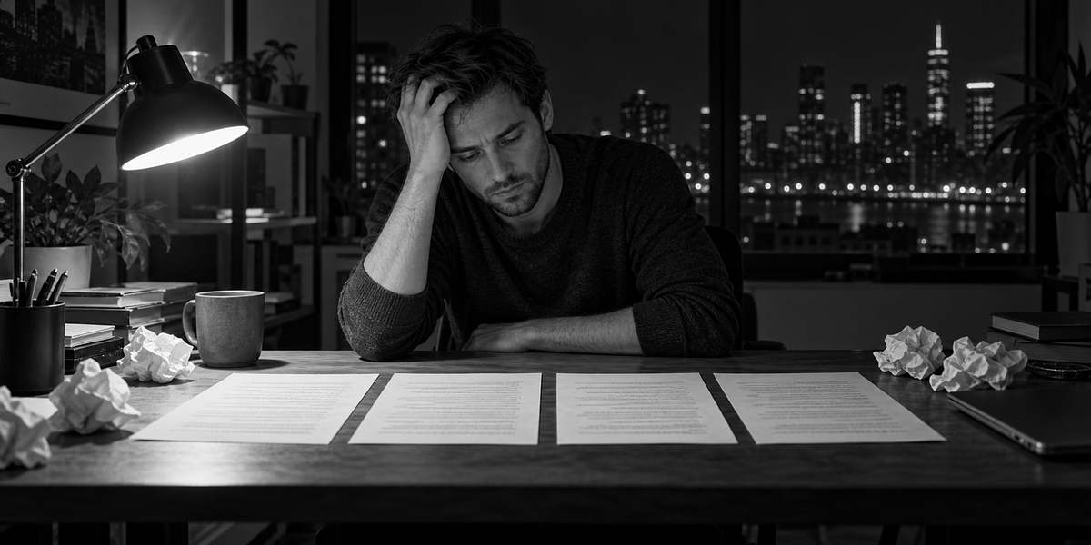 A man sits at a desk near midnight, head in hand, four pages of a draft laid out in front of him and crumpled paper around them, a city skyline glowing through the window behind.