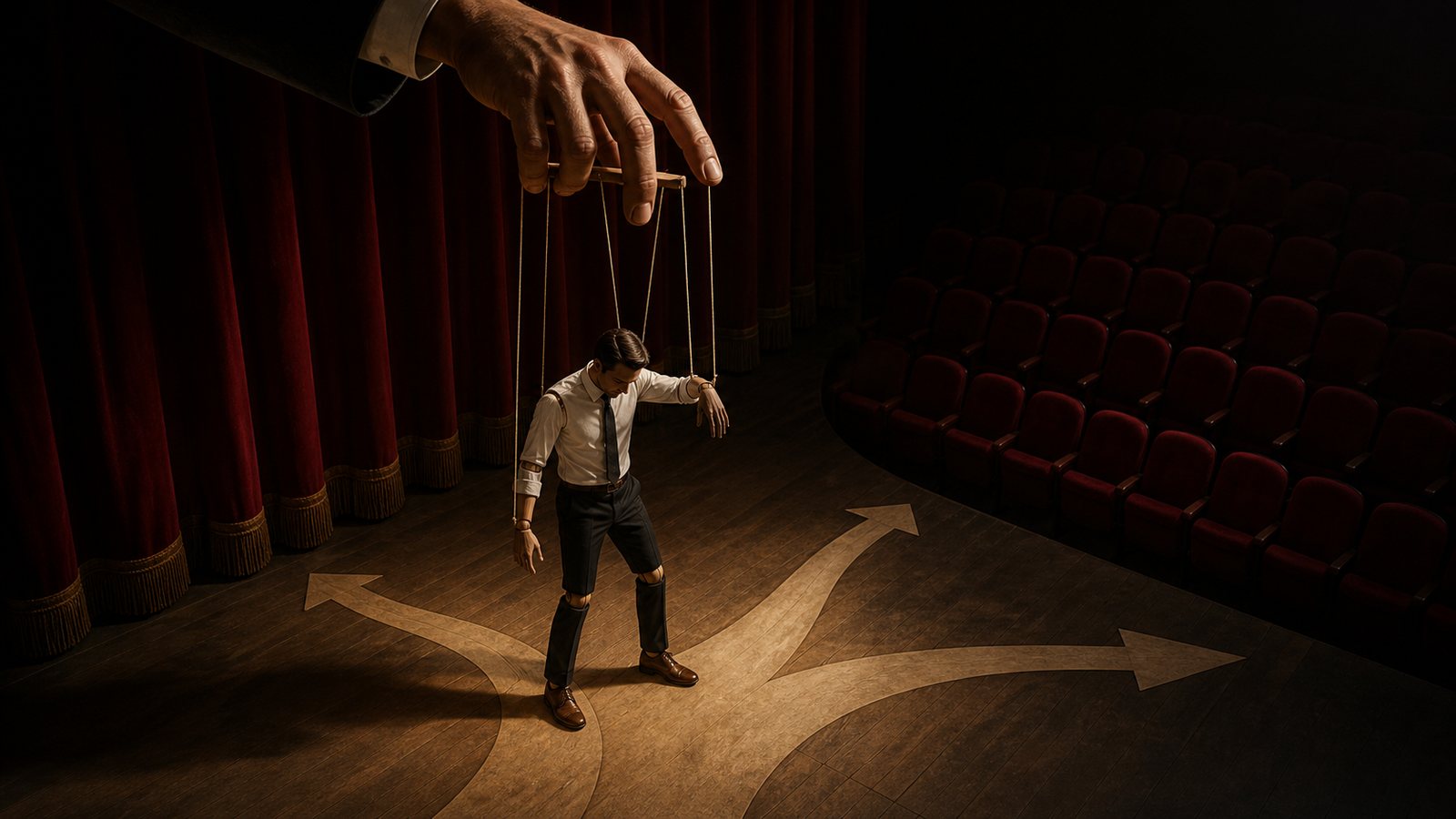 A giant hand works a businessman marionette by its strings as it stands over three arrows painted on an empty theater stage