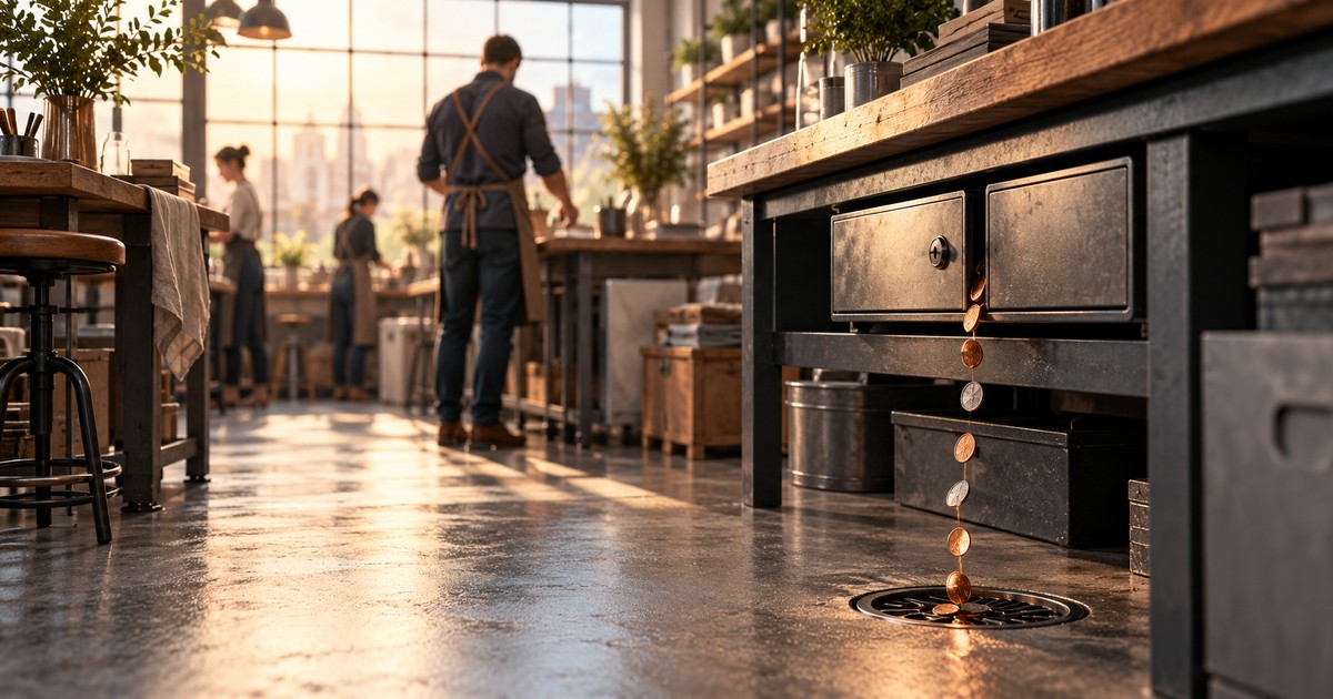 coins trickle unnoticed down a floor drain in a working artisan studio — the money you can’t see leaving while the business runs