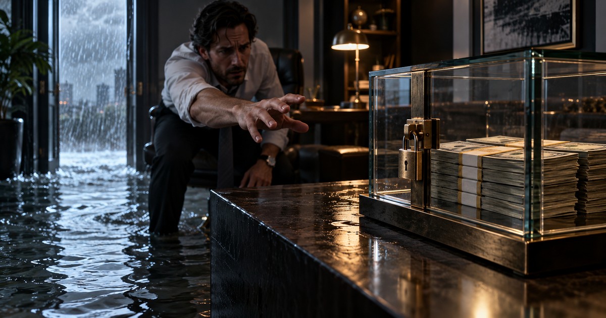 a business owner in a flooding office reaches toward a padlocked glass case of cash as the storm pours in — the warning he called just a situation