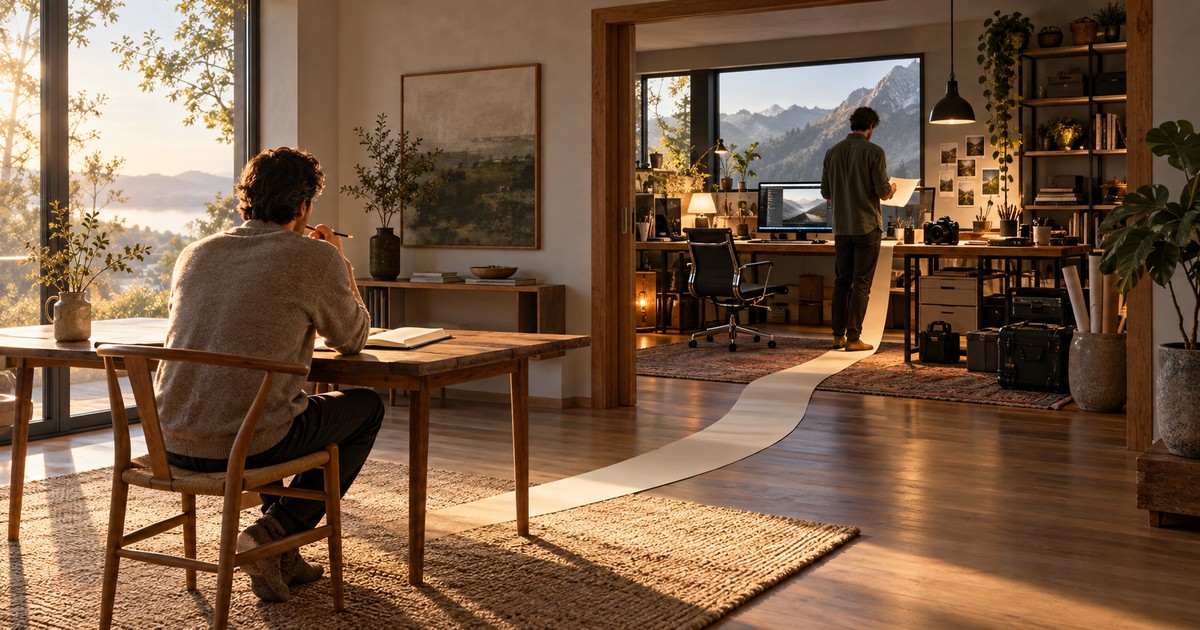 A man writes a plan by hand at a bare table in a quiet sunlit room while a busy office with screens waits through the doorway, a long sheet of paper connecting the two rooms